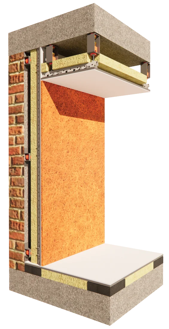 3D isometric cutaway diagram showing room-in-room acoustic isolation layers including shock dampers, mineral wool insulation, and composite sound insulation boards