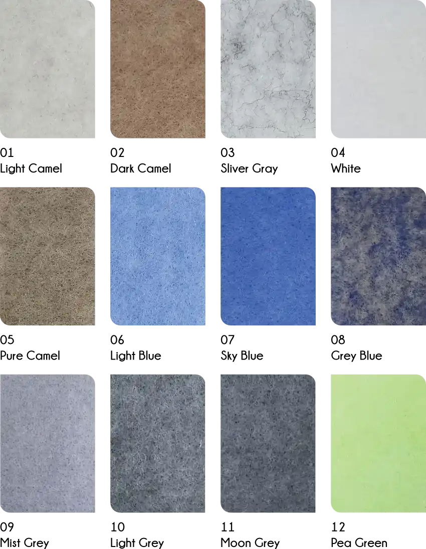 AcousPanel colours 01-12: Light Camel, Dark Camel, Sliver Gray, White, Pure Camel, Light Blue, Sky Blue, Grey Blue, Mist Grey, Light Grey, Moon Grey, Pea Green
