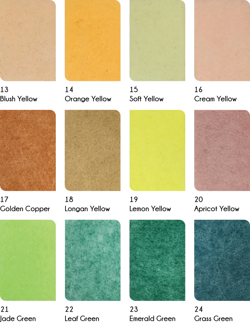AcousPanel colours 13-24: Blush Yellow, Orange Yellow, Soft Yellow, Cream Yellow, Golden Copper, Longan Yellow, Lemon Yellow, Apricot Yellow, Jade Green, Leaf Green, Emerald Green, Grass Green