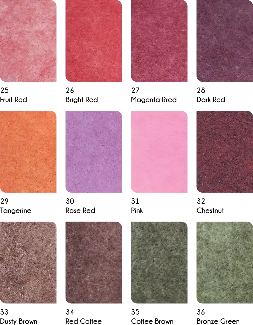 AcousPanel colours 25-36: Fruit Red, Bright Red, Magenta Red, Dark Red, Tangerine, Rose Red, Pink, Chestnut, Dusty Brown, Red Coffee, Coffee Brown, Bronze Green