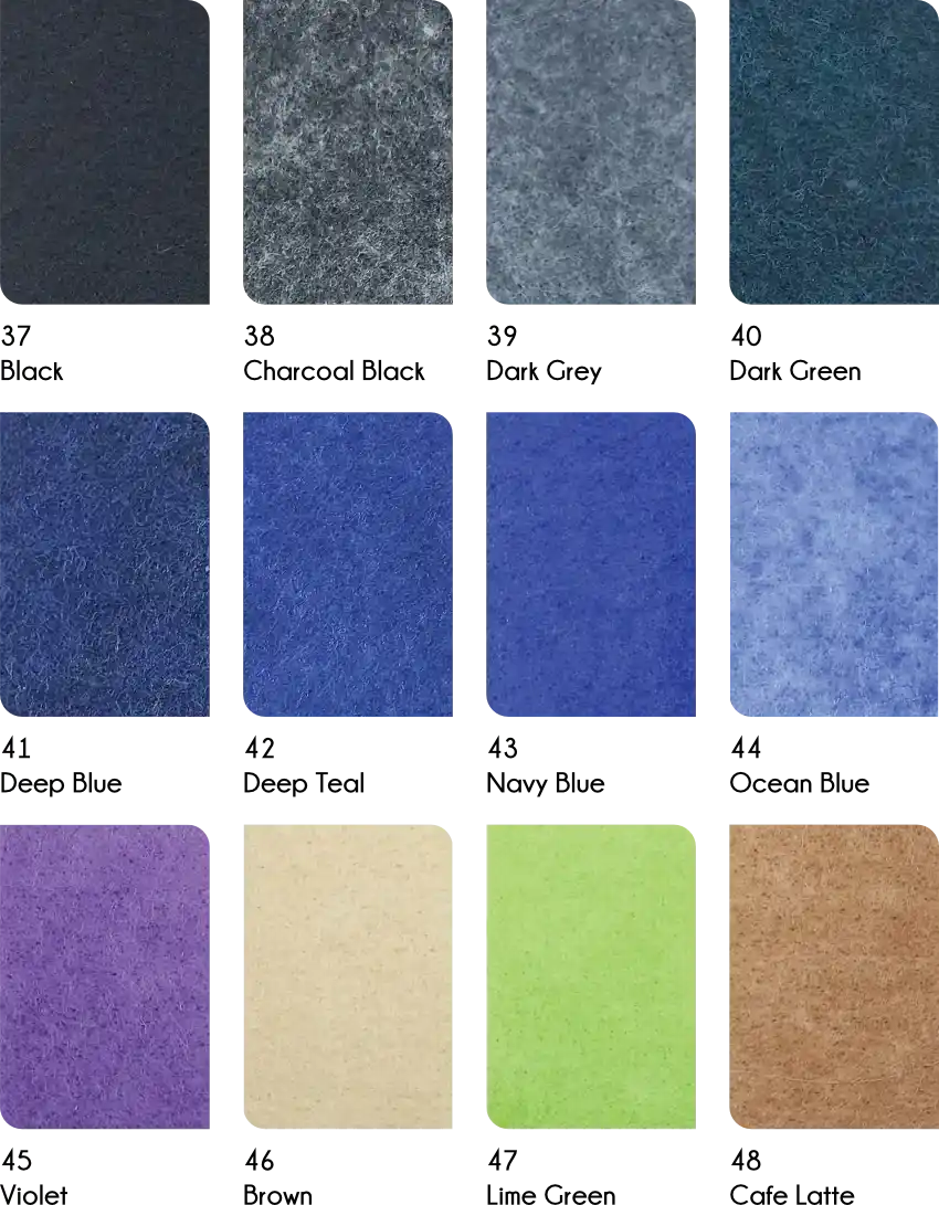 AcousPanel colours 37-48: Black, Charcoal Black, Dark Grey, Dark Green, Deep Blue, Deep Teal, Navy Blue, Ocean Blue, Violet, Brown, Lime Green, Cafe Latte