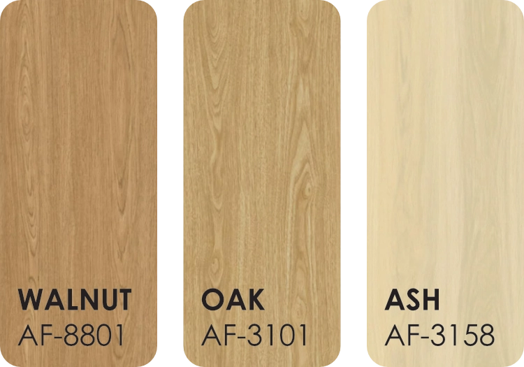 SG-AF finishes: Walnut (AF-8801), Oak (AF-3101), and Ash (AF-3158)