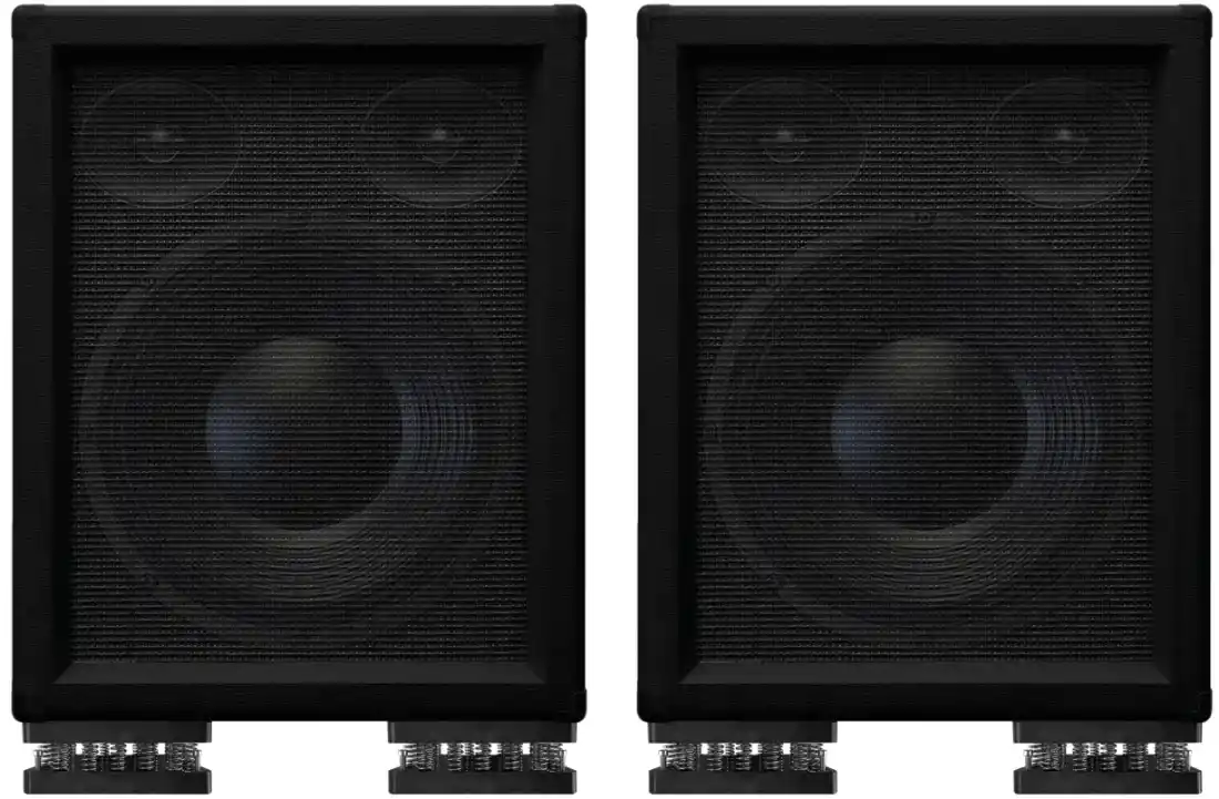 Dual subwoofer cabinets mounted on SG-SD10 damping pads